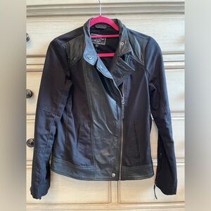 Lucky Brand Womens Goat Leather Panel Jacket Size S Black Asymmetrical Zip